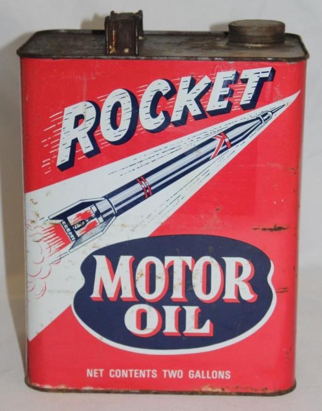 Graphic Rocket 2 Gallon Motor Oil Can: has light scratches and wear throughout