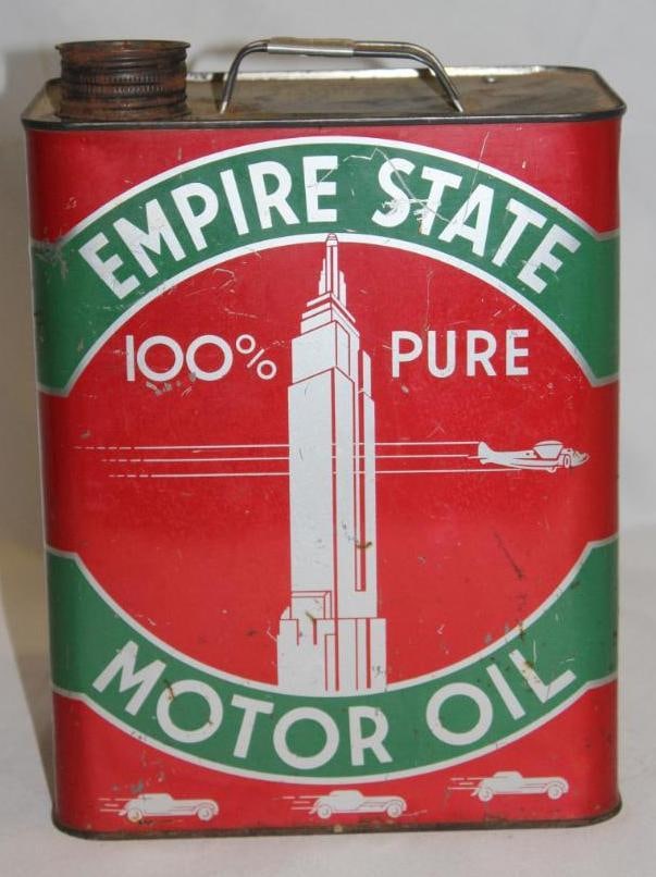 Graphic Empire State 2 Gallon Motor Oil Can: has light scratches and wear throughout