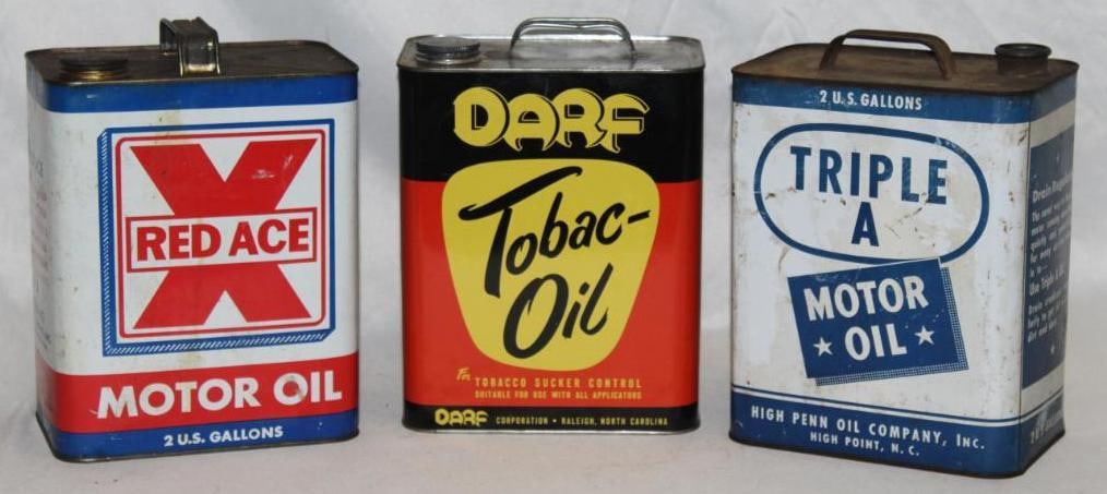 Group of 3 AAA, Red Ace, and Darf 2 Gallon Motor Oil Cans: all are empty