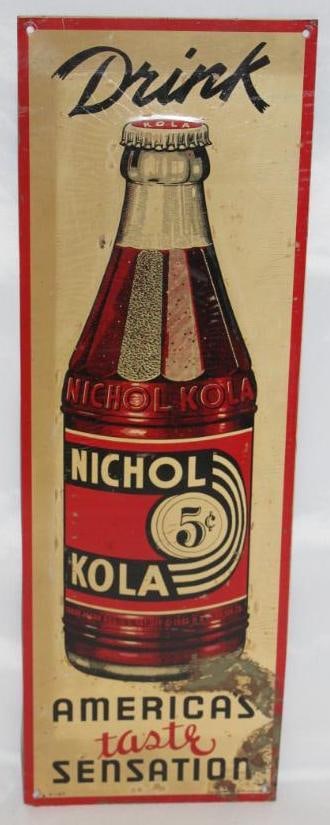 Nichol Kola Soda Advertising Sign: 24" x 8". It has some discoloration and staining with some paint loss along the lower right.