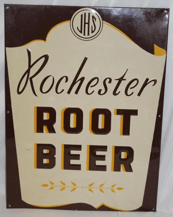 JHS Rochester Root Beer Embossed Soda Advertising Sign: It is in good condition with only light wear. 17.5" x 23.5"