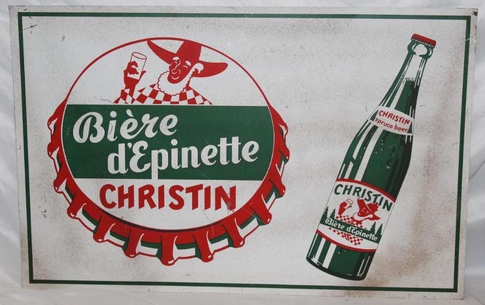 Christin Spuce Beer Soda Advertising Sign: 27.75" x 18". It has some paint overspray to the field. The back is a shiny gold color.