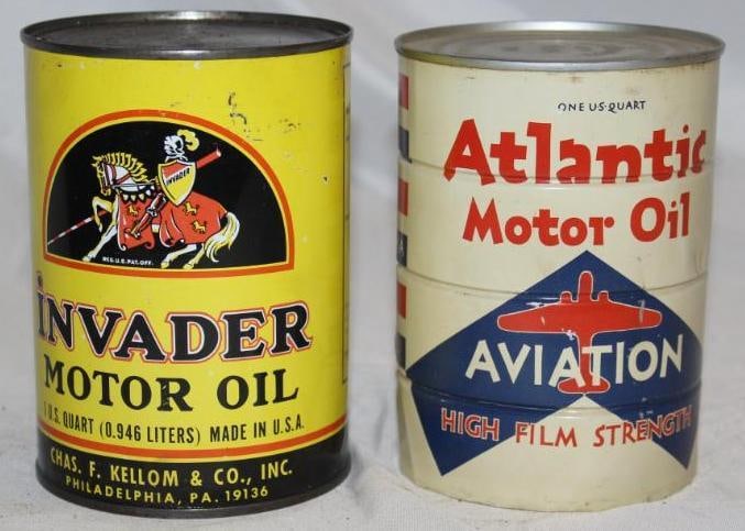 Group of 2 Metal 1 Quart Motor Oil Cans Invader, Atlantic Aviation (1 of 2)