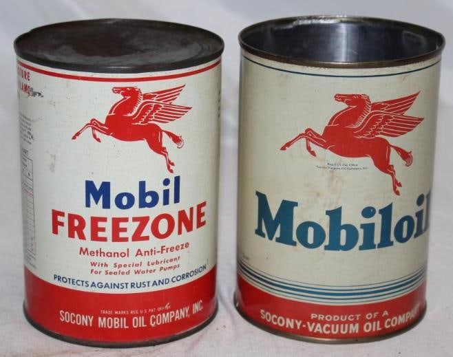Group of 2 1 Quart Mobil Motor Oil and Antifreeze Cans: 1 is full, 1 is missing top lid