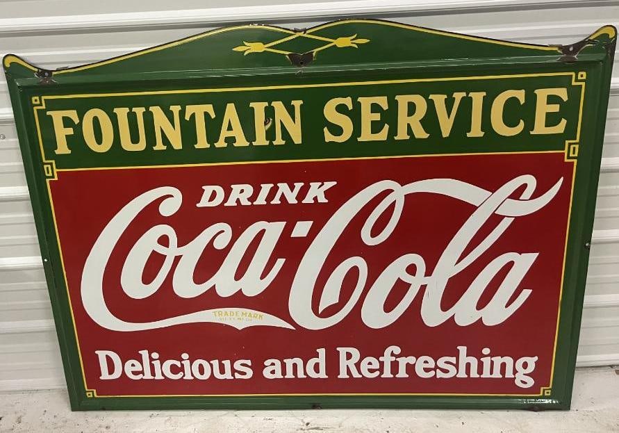Coca-Cola Fountain Service "Delicious & Refreshing" Porcelain Advertising Sign: It is marked Tenn Enamel Co 1933 and measures 60" x 45". It has a raised edge and has very good color and gloss. Overall is in excellent condition with only a few tiny chips in the field along