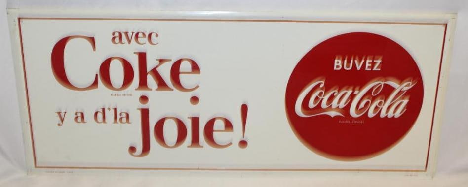 Coca-Cola French Advertising Sign SST: It is marked S.T.M.S. made in Canada. 29.5" x 12". It is in good condition with a couple slight scratches and light edge wear.