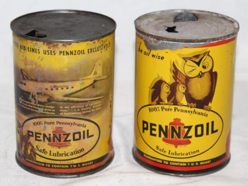 Group of 2 Pennzoil Airplane and Owl 1 Qt Metal Motor Oil Cans (1 of 2)
