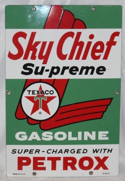Texaco Sky Chief Supreme Petrox Porcelain Gas Pump Plate Sign: 18" x 12"; It has some tiny edge chips with light scratches. Dated 3-10-61.