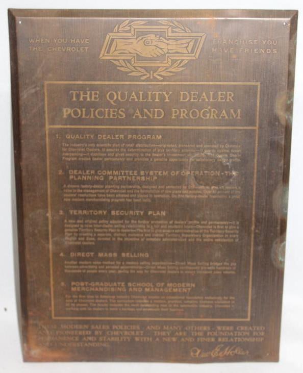 1930 Chevrolet Franchise Dealer Policy Bronze Plaque: 8" x 11"