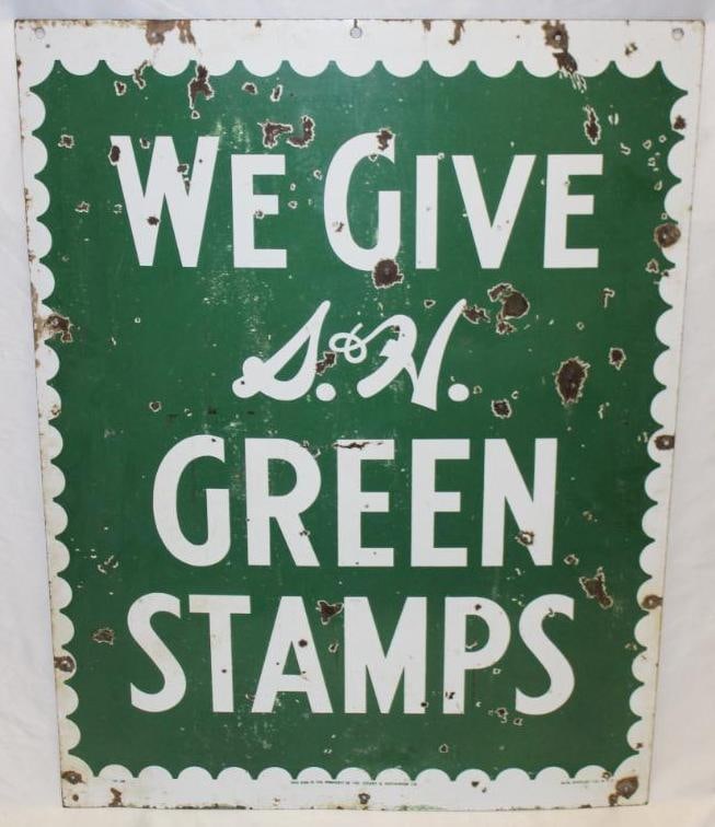 Porcelain S&H Green Stamps Advertising Signs: It is double sided. Both sides have significant wear and scratches along with several chips throughout. 34" x 26"