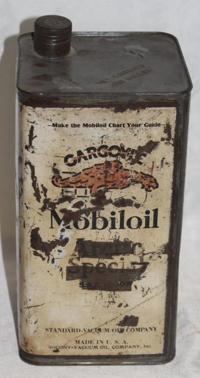 Mobil Gargoyle 1 Gallon Motor Oil Can: has some staining, scratches and wear throughout