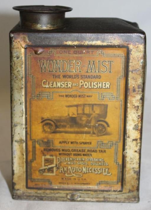 Early Auto Graphic Wonder-Mist Cleanser & Polisher Advertising Tin Can: One quart size. It has some wear and staining.