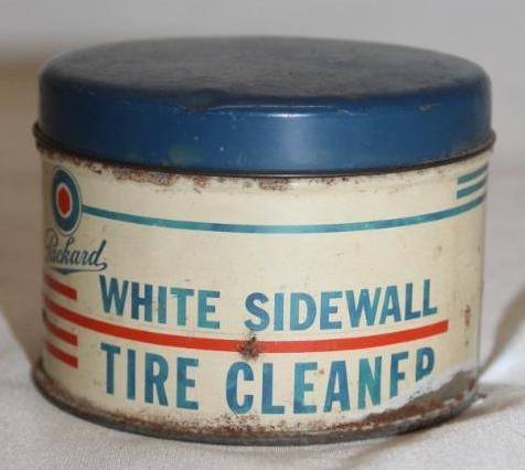 Packard Motor Car Co White Sidewall Tire Cleaner Can: 1 lb. There is slight paint loss along the bottom edge.