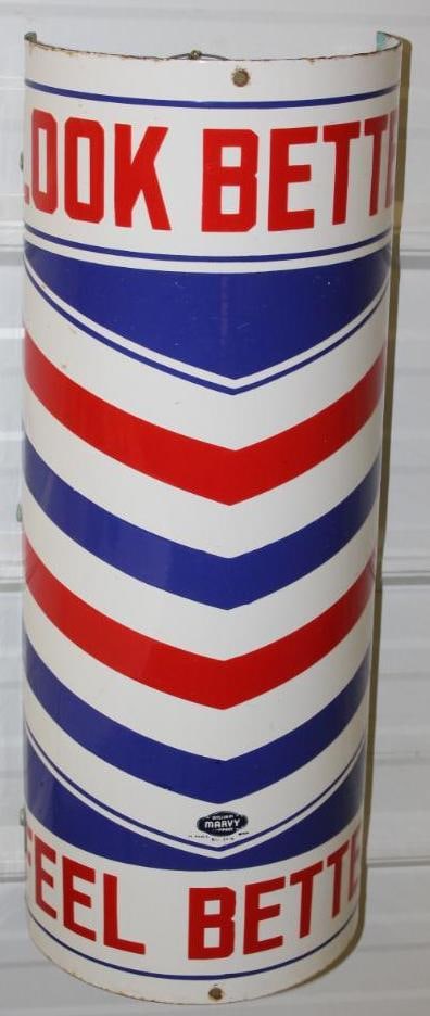 Wm Marvy Curved Porcelain Barber Pole Advertising Sign (1 of 5)