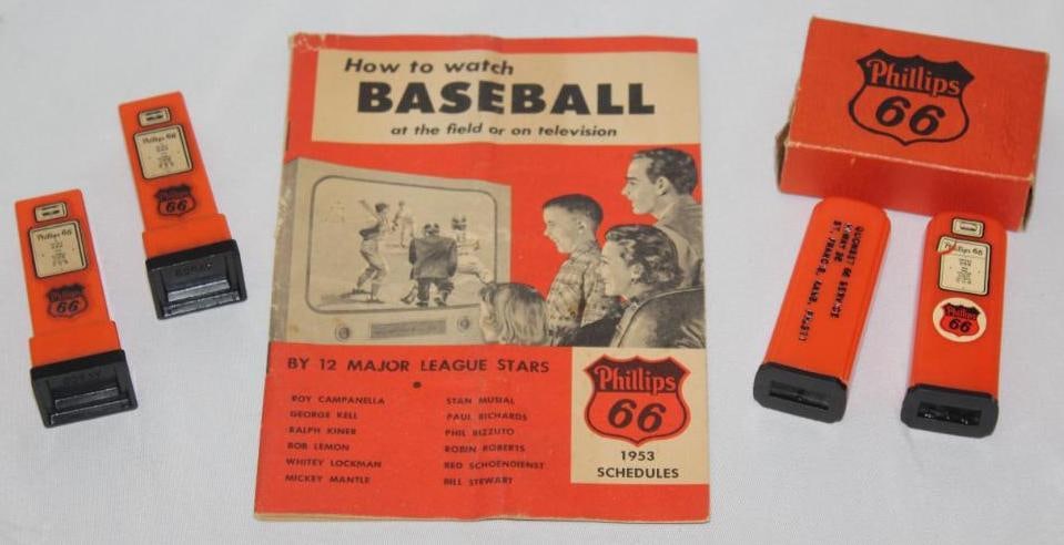 Group of 3 Phillips 66 Advertising Items; Salt & Pepper Gas Pumps, Baseball Guide (1 of 5)