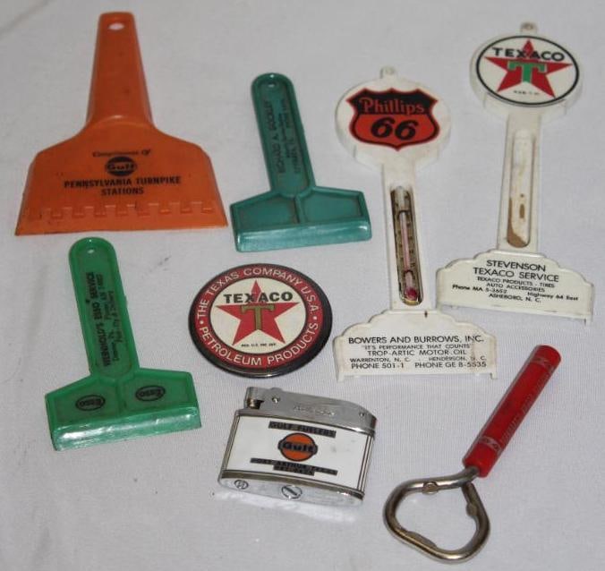Group of 8 Service Station Advertising Items; Thermometers, Ice Scrapers, etc (1 of 4)
