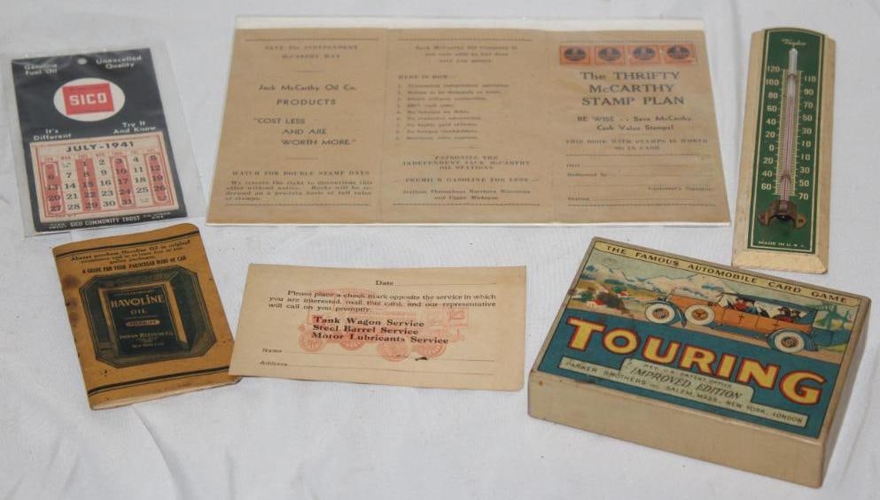 Group of 6 Gas Station Advertising Items; Calendar, Post Card, Game, Thermometer, Booklets (1 of 5)