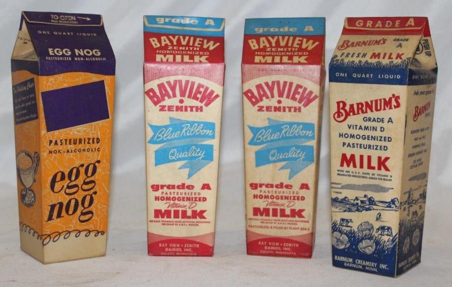 Group of 4 One Quart Waxed Dairy Containers Milk & Egg Nog; Barnum's, Bay View (1 of 2)