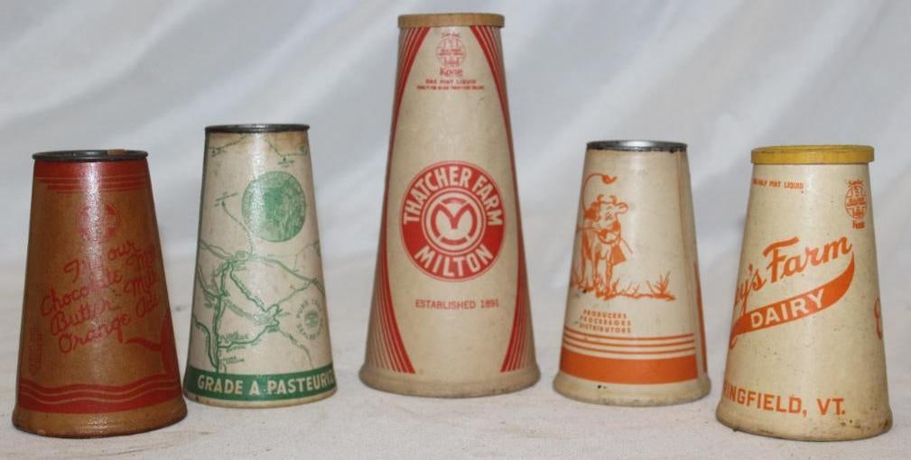 Group of 5 Advertising Cone Shaped Conical Dairy Containers; Riverside, Eastery Farms, Showwalters, (1 of 2)
