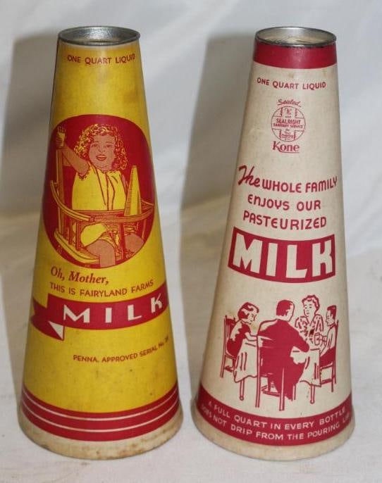 Group of 2 One Quart Cone Shaped Conical Drink Containers; Dairy Milk: Fairy Land, Seal Right: One has a lid