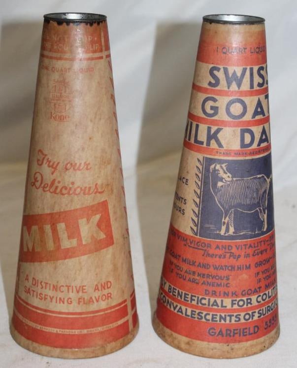 Group of 2 One Quart Cone Shaped Conical Drink Containers; Swiss Goat Milk Dairy Seal Right: Neither have lids