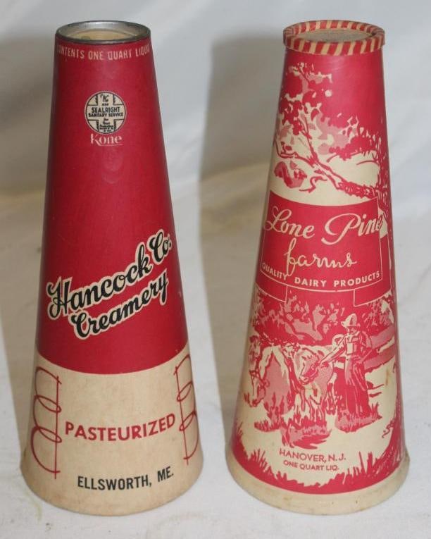 Group of 2 One Quart Cone Shaped Conical Drink Containers; Dairy Milk; Hancock, Lone Pine: Both have Lids