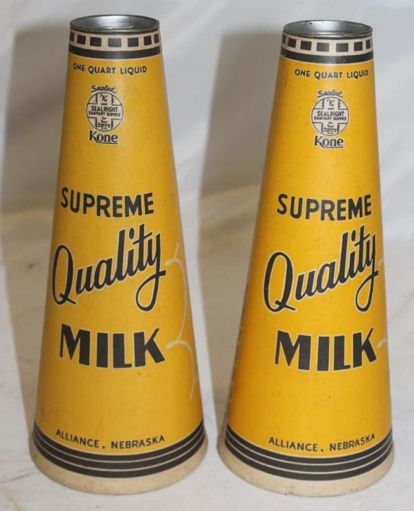 Group of 2 One Quart Cone Shaped Conical Drink Containers; Dairy Milk; Supreme Quality: Neither have lids