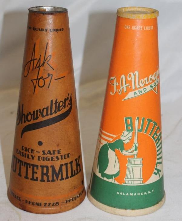 Group of 2 One Quart Cone Shaped Conical Drink Containers; Dairy Butter Milk; Showwalter's F.A. (1 of 2)