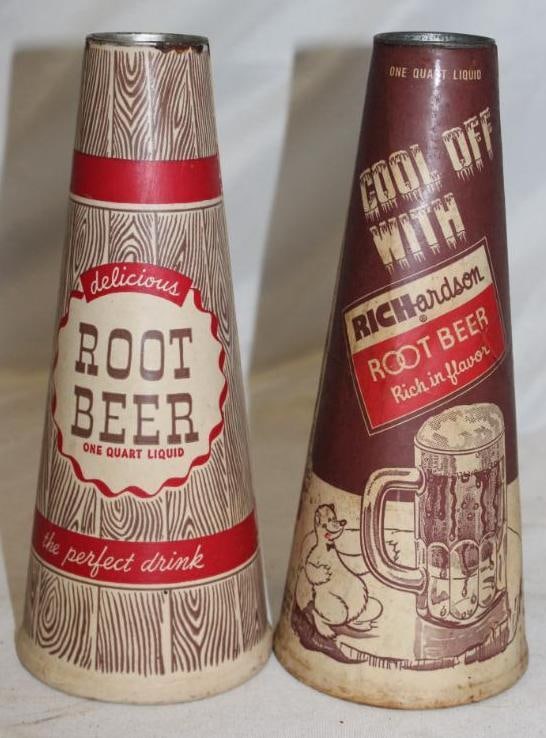 Group of 2 One Quart Cone Shaped Conical Drink Containers; Root Beer, Richardson, Delicious: Neither have lids