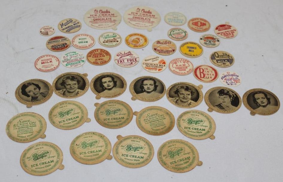 Group of 40 Drink Container Advertising Lids; Dairy, Milk, Soda: Most are different. Largest is 2.75"