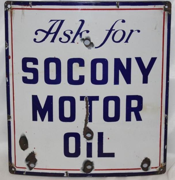 "Ask For" Socony Motor Oil Porcelain Curved Pump Plate Sign: It has 5 holes added to the field. It has good color and gloss. 14" x 15"