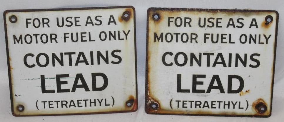 Group of 2 Contains Lead Gas Pump Porcelain Signs (1 of 5)