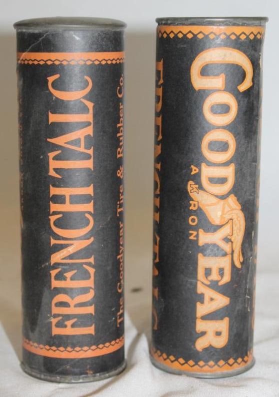 Group of 2 Goodyear French Talc Tire Advertising Cans: 6.75" x 2", paper label