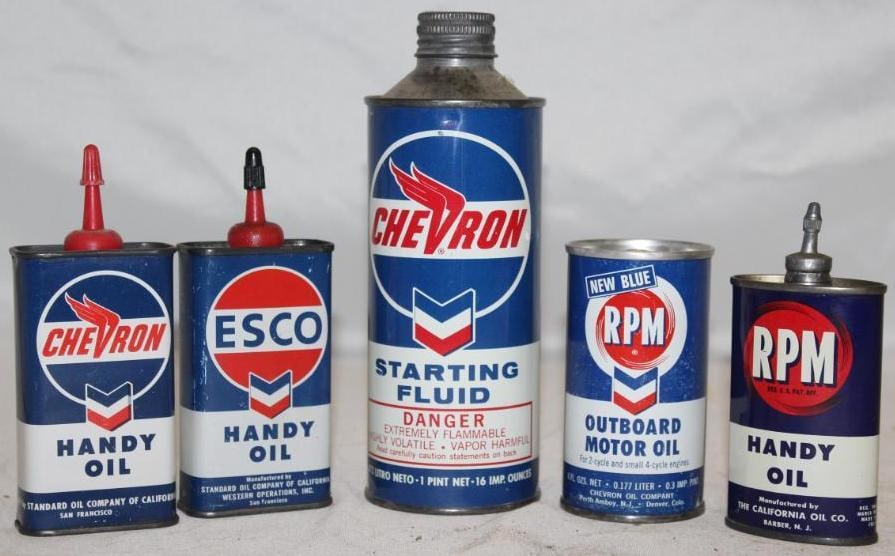 Group of 5 RPM, Chevron, Esco Oil and Starting Fluid Cans (1 of 2)