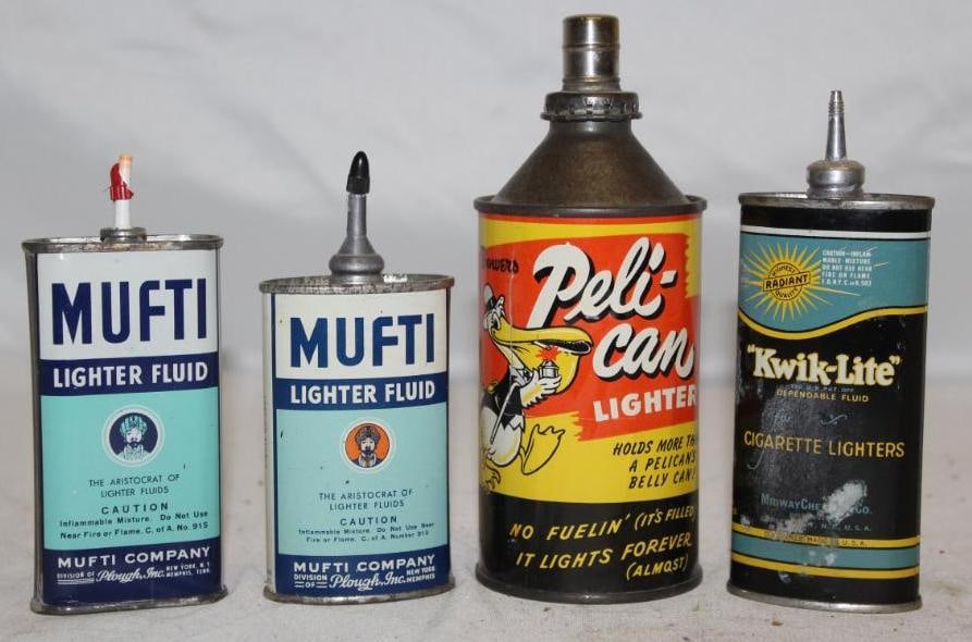 Group of 4 Household Lighter Fluid Oiler Cans Pelican, Quick Lite, Mufti (1 of 2)