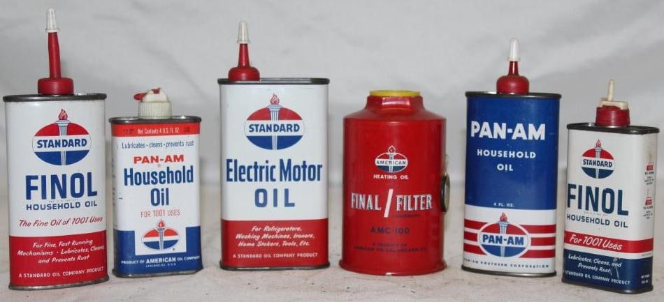 Group of 6 Standard Pan-Am Advertising Oiler Cans and Filters (1 of 2)