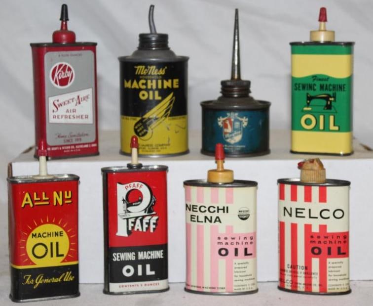 Group of 8 Sewing Machine Household Oiler Cans PFAFF, McNess, Nelco, Kirby, Maytag (1 of 2)