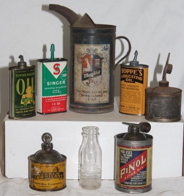 Group of 8 Household Handy Oil Oiler Cans; Finol, Hoppe's, Singer, Maytag, Edison, Standard (1 of 2)