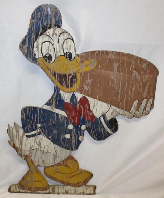 Donald Duck Bread Wooden Advertising Sign by Irvin: It is marked Irvin. It has some paint fading and loss. 24" x 32"