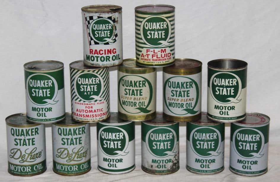 Group of 13 Quaker state 1 Qt Metal Motor Oil Cans: all are empty