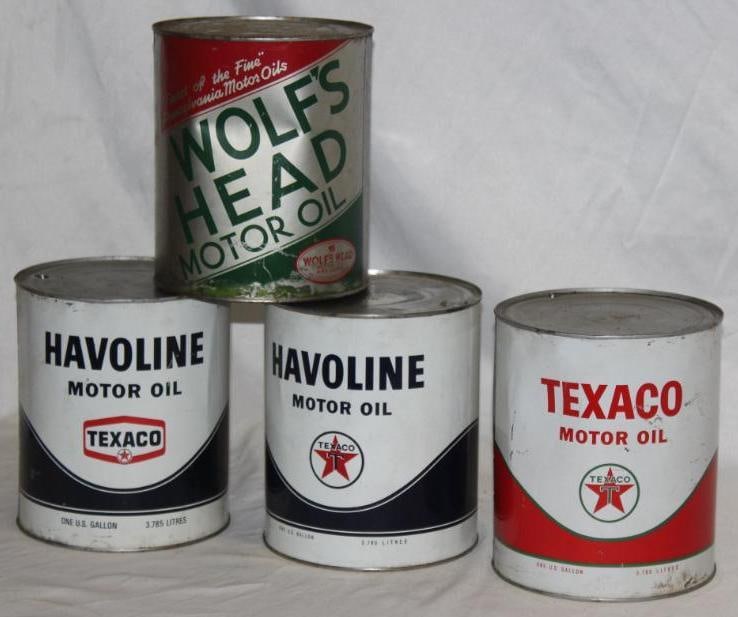 Group of 4 Metal 1 Gallon Oil Cans Texaco, Wolf's Head (1 of 2)