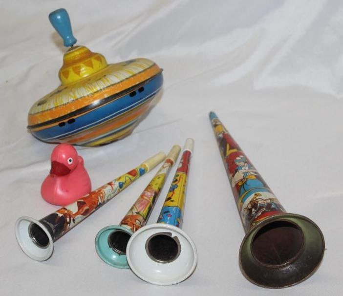 Group of 6 Vintage Tin Toys; Trumpets, Top, Duck (1 of 2)