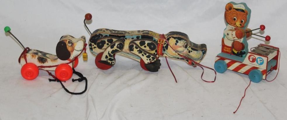 Group of 3 Vintage Fisher Price Pull Toys; Snoopy, Little Snoopy, & Tiny Teddy: The largest is 14" x 5" x 4"