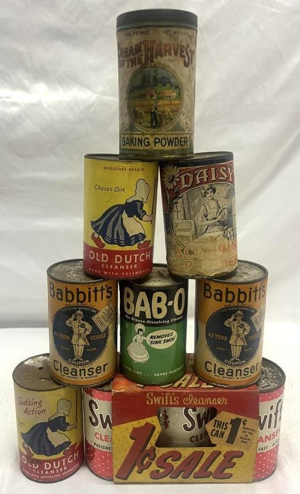 Group of 11 Cleanser and Baking Powder Advertising Cans; Swifts, Old Dutch, Daisy, Babbitt's, Bab-O, (1 of 5)