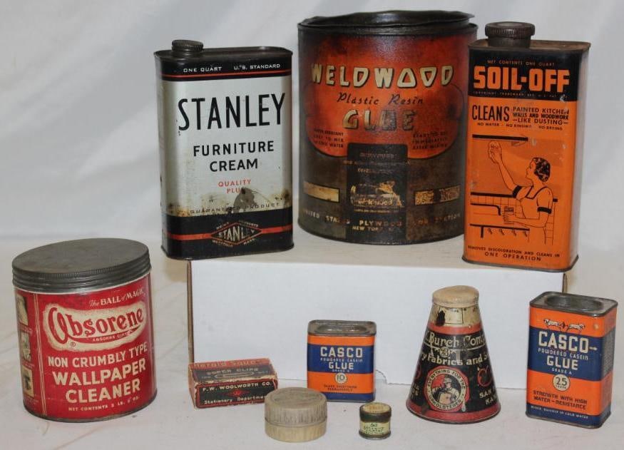 Group of 10 Household Advertising Tins: Weldwood Glue, Casco Glue, John Burch Upholstery Cleaner, Soil-Off, Stanley, Absorene, B&B, Herold, Keen Point. The largest is one gallon