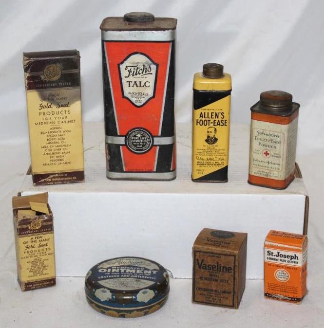 Group of 8 Household Advertising Medical Tins: Fitch's, Gold Seal, Allen's, J&J Baby Powder, Camphor, Vaseline, St. Josephs, Rawleigh's; Largest is 1 lb