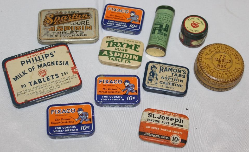 Group of 11 Household Advertising Medical Tins: Fixaco, Tryme, Ramon, Sparton, St. Joseph, Ripans, Phillips, B&B, Dr. Edwards. The largest is 2.5" x 3"