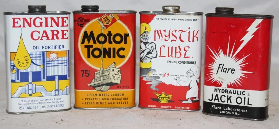 Group of 4 Automotive Engine Oil Cans Mystiklube, Motor Tonic, Flare, Engine Care (1 of 2)