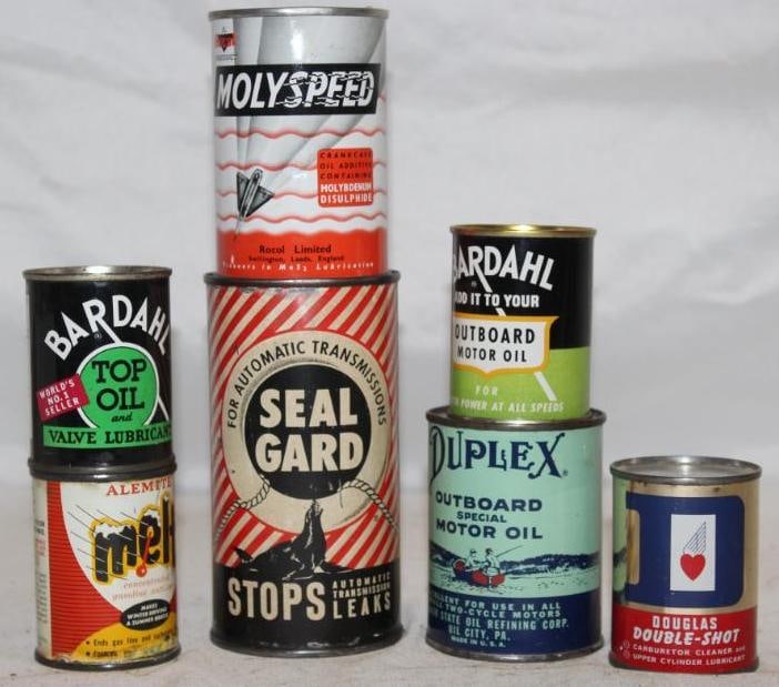 Group of 7 Automotive Oil Product Cans Douglas, Duplex, Alemite, Sealgard: largest 1 pint