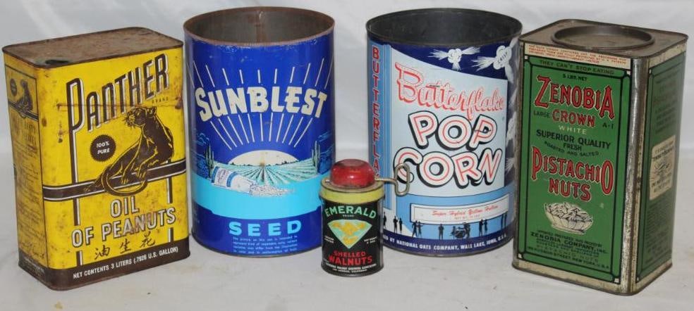 Group of 5 Household Advertising Tins; Peanuts, Popcorn (1 of 2)